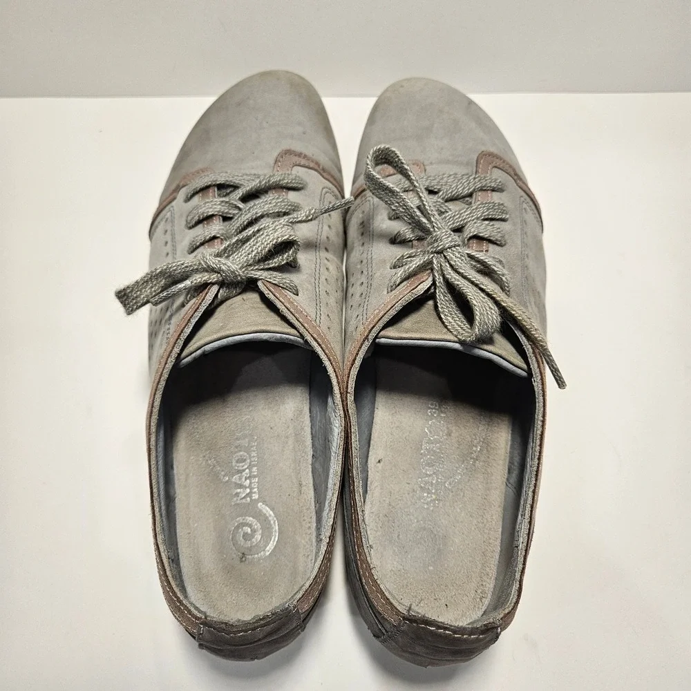 Naot Avena Grey Nubuck Leather Lace Up Walking Shoes Womens 39 Metallic Trim 8